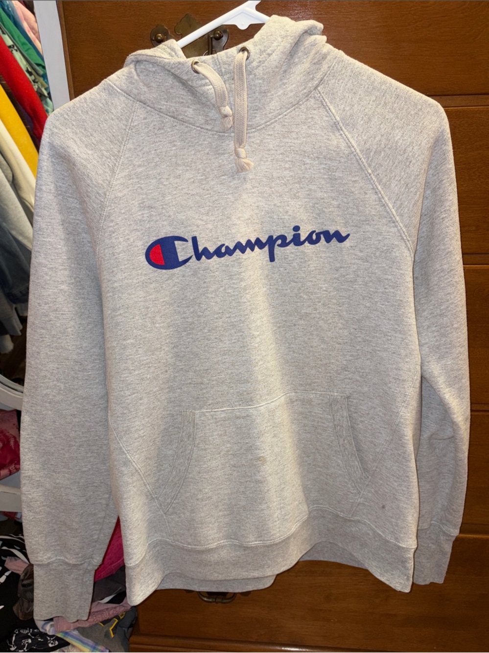 Champion Light Gray Pullover Hoodie with Blue & Red Logo